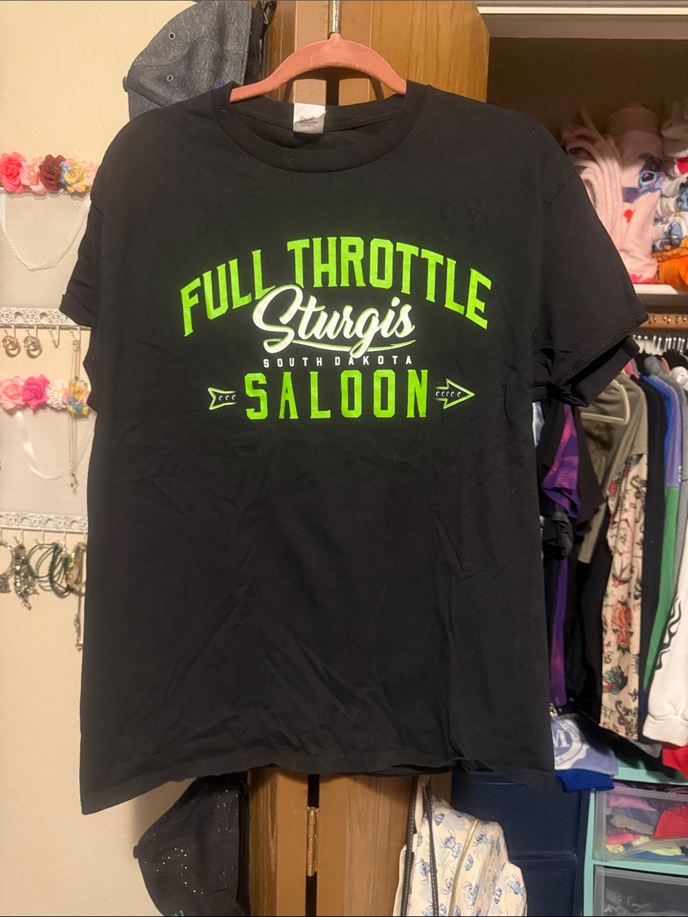 Hanes Black Tee with Neon Green Sturgis Saloon Graphic